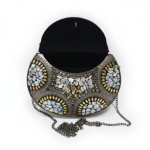 Silver Metal Round  Premium Box Clutch Purse