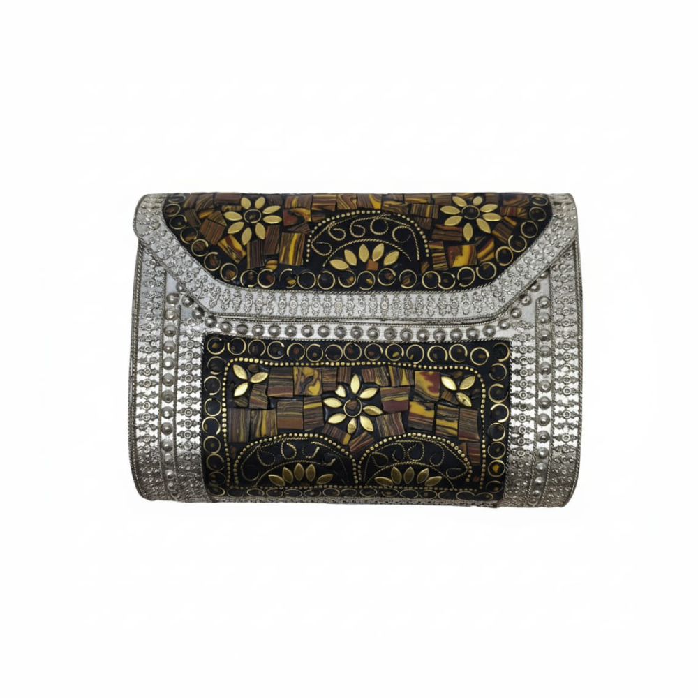 Silver Metal Square Premium Box Clutch Purse