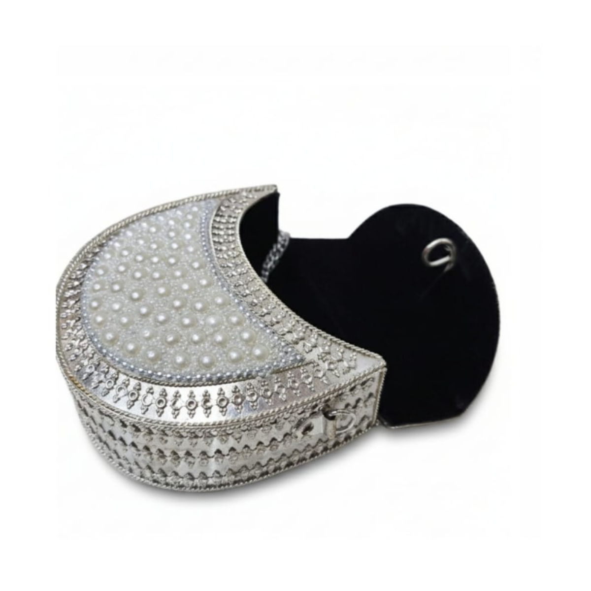 Small Evening Pearl Metal Crossbody Clutch Bag – Silver Chain Strap - Image 2